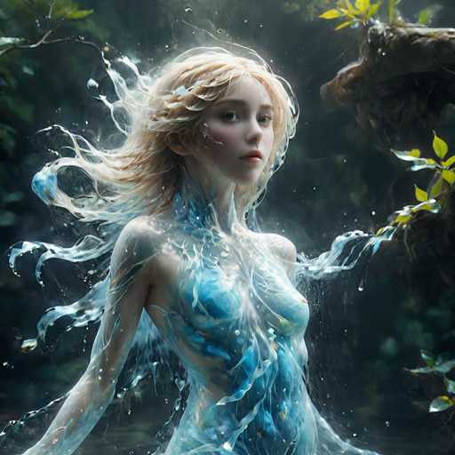 A woman with blonde hair and blue skin is depicted as a mermaid in the center of the image. She has her arms outstretched towards the sky and her legs bent at the knees, creating an impression of grace and elegance. The background features trees and water, adding to the overall natural theme of the scene.
