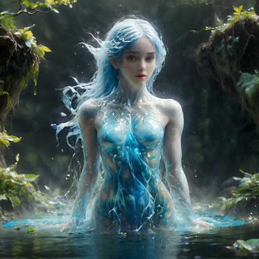 The image depicts a highly detailed, computer-generated fantasy scene featuring a young woman with long, flowing blue hair that appears to be made of water. She stands waist-deep in a body of water, surrounded by lush greenery and rocky outcrops. Her skin is pale and translucent, blending seamlessly with the water that seems to merge with her form. She has a serene expression, with her head slightly tilted to the right, and her eyes gazing directly at the viewer. Her attire is a form-fitting, blue dress that also appears to be made of water, with intricate patterns and swirls. The water around her is splashing upwards, creating a dynamic and ethereal effect. The background is dark and slightly blurred, emphasizing the mystical and otherworldly atmosphere of the scene.