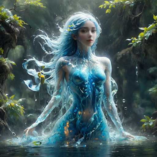 This image depicts a highly detailed, computer-generated fantasy scene featuring a young woman who appears to be a water spirit or mermaid. She has long, flowing blue hair adorned with yellow flowers and is seated in a dark, murky pond. Her skin is a blend of blue and white, with a shimmering, ethereal quality that suggests she is made of water. She wears a blue dress that extends down to her knees, with her arms and legs partially submerged in the water, causing ripples and bubbles to form around her. Her face, which has a serene and slightly melancholic expression, is turned towards the viewer, with her eyes gazing to the right. The background is a dark, misty forest with trees and branches, adding to the mystical and enchanting atmosphere of the scene.