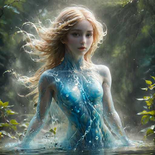 This image is a highly detailed, computer-generated fantasy artwork depicting a young woman with long, flowing blonde hair that appears to be made of water. She stands waist-deep in a body of water, surrounded by a lush, green forest with trees and leaves framing the scene on both sides. The woman's skin is a striking blue, adorned with intricate white lines that resemble veins or water currents, giving her an ethereal, almost mythical appearance. Her eyes are a captivating blue, and her lips are a soft pink. She gazes directly at the viewer, exuding a serene yet powerful presence. The overall composition, with its vibrant colors and intricate details, creates a mesmerizing and otherworldly atmosphere.
