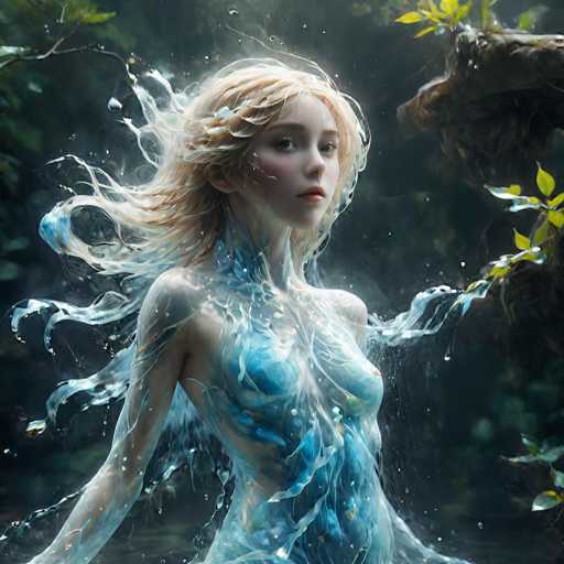The image depicts a young woman with long, flowing blonde hair that appears to be made of water, cascading around her and blending into the surrounding environment. Her skin is a light pink hue, and she has striking blue eyes and pink lips. She is topless, with her chest area adorned with intricate blue and white patterns that resemble water or ice. The woman is positioned in a side profile, facing to the right, with her arms extended behind her. The background is a dark, shadowy forest with hints of green leaves and branches, creating a mystical atmosphere. The overall scene is reminiscent of a fantasy or fairy tale, with the woman appearing as a water nymph or forest spirit.