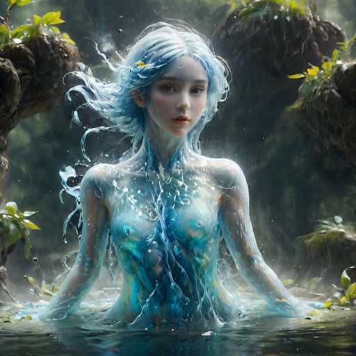 The image depicts a captivating, computer-generated scene of a young woman submerged in water, with only her head and shoulders visible above the surface. Her skin is a striking blend of translucent blue and white, giving her an ethereal, almost otherworldly appearance. Her hair, a blend of blue and white, flows gracefully in the water, with a delicate yellow flower adorning the left side of her head. Her eyes are a mesmerizing grayish-blue, and her lips are painted a soft pink. The water around her is a deep blue, with splashes and ripples indicating movement. Surrounding her are large, brown rocks with green moss and plants growing from their crevices, adding to the natural, mystical ambiance of the scene. The overall composition is serene and enchanting, with a harmonious blend of colors and textures that create a dreamlike quality.