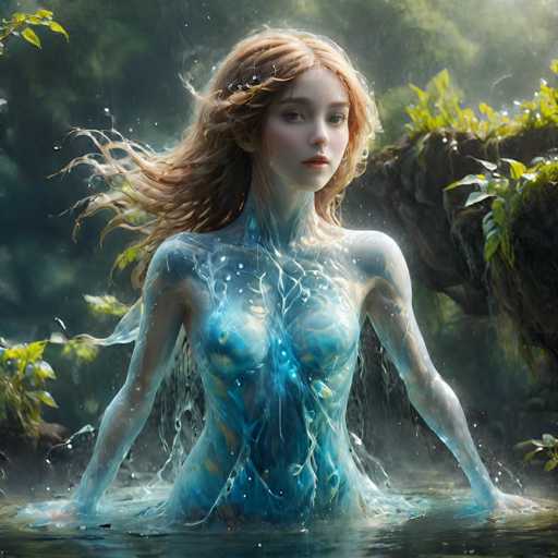 The image depicts a young woman, possibly a mermaid, standing in water with her arms outstretched to her sides. She has long, flowing hair that appears to be a mix of blonde and brown, cascading down her back. Her skin is a striking blue color, adorned with intricate white lines and bubbles that give her a surreal, ethereal appearance. Her face is pale with a slight blush on her cheeks, and she has a small nose and full lips. The water around her is splashing up, creating ripples and droplets that add to the dynamic feel of the scene. She is surrounded by a lush, green forest with trees and bushes, and there is a large rock formation to her right. The overall atmosphere is one of enchantment and mystery, enhanced by the detailed and vibrant elements of the natural setting.