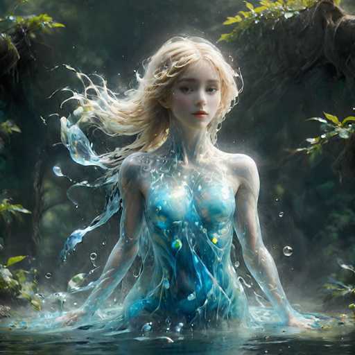 The image depicts a young woman, possibly a mermaid, standing in a body of water. She has long, flowing blonde hair that appears to be blending with the water around her, creating a mesmerizing effect. Her skin is pale and translucent, giving her an ethereal, almost ghostly appearance. She is wearing a blue dress that seems to merge with her body, and her arms are outstretched to her sides, with her hands resting on the water's surface. The water around her is splashing and bubbling, adding to the dynamic and magical atmosphere of the scene. The background is dark and somewhat blurry, with hints of trees and foliage, suggesting a forested area. The overall color palette of the image is dominated by shades of blue, white, and gray, enhancing the mystical and serene mood of the scene.