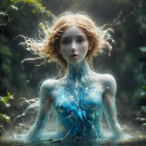 The image depicts a young woman with long, flowing blonde hair that appears to be moving in the wind. She is standing waist-deep in water, which has a grayish-blue hue. Her skin is very pale, and she has striking blue eyes and pink lips. The woman's body is adorned with intricate blue and white patterns that resemble lightning or veins, giving her an ethereal, almost supernatural appearance. Her shoulders and arms are partially submerged, with water droplets cascading off her form. The background is a dark, misty forest with green leaves and branches, adding to the mystical atmosphere. The overall scene is serene yet otherworldly, with the woman's gaze directed straight at the viewer, creating a captivating and enigmatic presence.