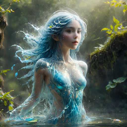 The image depicts a young woman with long, flowing blue hair that appears to be made of water, cascading around her face and body. She stands waist-deep in a clear, reflective pool of water, surrounded by a lush, green forest with trees and bushes. Her skin is a light tan, and she has a serene, almost ethereal expression as she gazes slightly to the right. Her attire is a form-fitting, blue dress that seems to merge with her hair, giving the impression that she is part water and part human. The scene is illuminated by sunlight, adding a magical glow to the water droplets that float around her. The overall atmosphere is one of tranquility and enchantment, with the woman appearing almost mythical in her aquatic environment.
