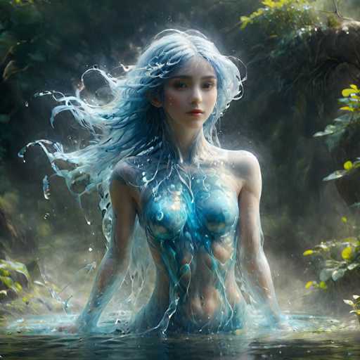 The image depicts a young woman with long, flowing blue hair that appears to be made of water, cascading around her as she stands in a body of water. Her hair is so fluid that it seems to blend seamlessly with the water splashing around her. She has a serene, almost ethereal expression, with her eyes open and gazing slightly to the right. Her skin is a light tan, and she has a slender build. The water around her is clear, revealing her bare arms and shoulders, and it splashes up to her waist, creating a dynamic and mesmerizing scene. The background is dark and shadowy, with hints of green foliage and tree branches, adding to the mystical atmosphere. The overall effect is a captivating blend of human and aquatic elements, making it appear as though she is part water, part woman.