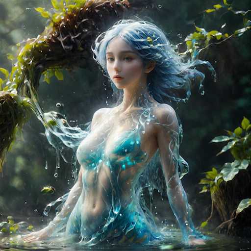 A woman with blue hair is depicted in a body of water surrounded by green plants and trees. She appears to be floating on her back, with her arms and legs spread out as she faces the camera directly. The background features lush greenery that complements the woman's blue hair, creating a harmonious blend between nature and human presence.