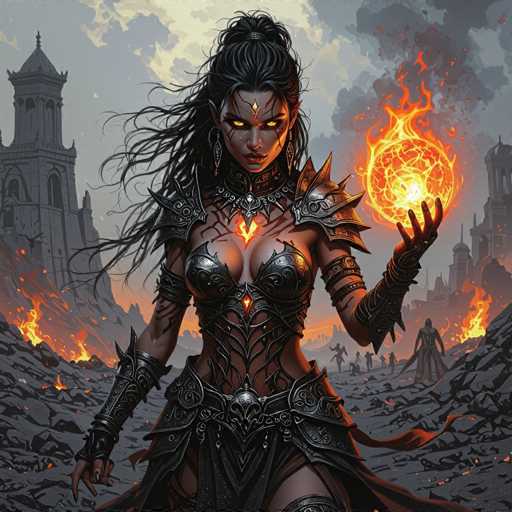 The image depicts a striking female character, possibly from a video game or an animated series, standing in a dramatic, fiery landscape. She has long, dark hair that flows down to her waist, with bangs framing her face. Her eyes are a mesmerizing yellow, and she wears a silver necklace with a prominent pendant. Her attire is a form-fitting, black leather outfit that includes a chest plate, shoulder pads, and a belt with a skull emblem. She also wears black gloves and has a glowing yellow heart on her chest. In her left hand, she holds a large, fiery ball of orange and yellow flames. The background features a gray sky with clouds, a castle on the left, and a city on the right, both engulfed in flames. The ground is covered in black rocks, adding to the chaotic and intense atmosphere.