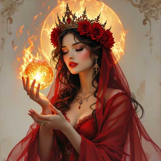 The image features a beautiful woman wearing a red dress and a crown of roses on her head. She is holding an orange ball in one hand, which appears to be glowing with a radiant light. The woman's hair is styled in loose curls that fall around her face, adding to the overall elegance of her appearance. Her attire and the presence of the glowing orb suggest that she might be participating in a special event or celebration where such unique elements are incorporated into the theme.