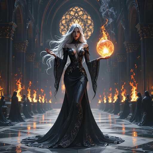 The image features a beautiful woman dressed in an elegant black gown, standing in the center of a room filled with fire. She is holding a glowing orb or ball that appears to be made of fire, adding a sense of magic and mystery to her appearance. The room has a dark ambiance, with numerous candles scattered throughout, further enhancing the atmosphere of the scene. The woman's position within this setting suggests she might be a powerful figure or a witch in some context.