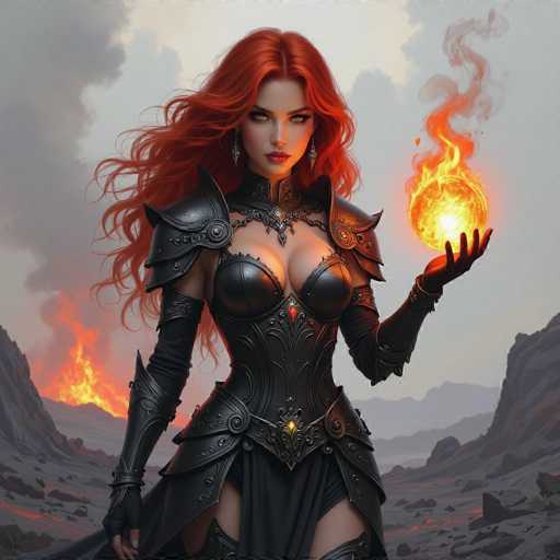 In this captivating fantasy illustration, a striking female character stands poised in a rugged, volcanic landscape. She is adorned in intricate black leather armor, complete with shoulder plates, a chest plate, and a skirt that reveals her thighs. Her long, flowing red hair cascades down her back, complementing her pale skin and intense green eyes. She wears long black gloves that extend up to her biceps, adding to her formidable appearance.

Her left hand is raised, palm facing upward, cradling a glowing orb of fire that crackles with energy. The fiery orb casts a mesmerizing glow, illuminating her face and the surrounding area. In her right hand, she wields a sword, its blade barely visible as it extends out of the frame. The ground beneath her is littered with rocks and patches of molten lava, hinting at the recent eruption that has left the landscape in ruins.

In the background, a massive fire rages, its flames reaching towards the sky and blending with the dark, ominous clouds that loom overhead. The scene is set in a desolate valley flanked by towering mountains, their peaks shrouded in mist. The air is thick with the scent of smoke and the heat of the volcanic activity, creating an atmosphere of tension and otherworldly beauty.