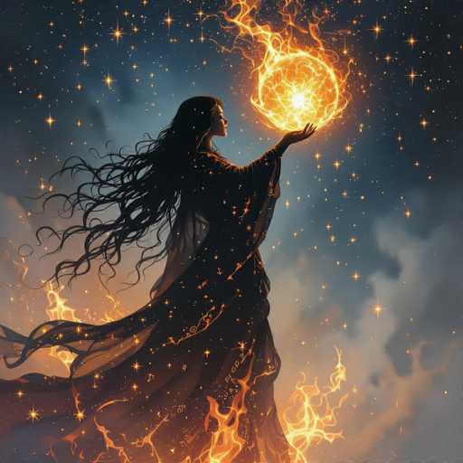 The image depicts a captivating scene of a woman with long, flowing black hair, dressed in a dark, flowing gown that appears to be made of a sheer, mesh-like material. She stands in a side profile, her face illuminated by the glow of a large, fiery sphere she holds in her right hand. This sphere, resembling a sun or a fireball, radiates intense yellow and orange flames, with intricate cracks and lines etched across its surface. The woman's gown, adorned with small stars and fiery patterns, seems to capture the essence of the sphere, with flames dancing along its folds. The background is a deep, dark blue sky filled with numerous stars, some appearing larger and more prominent than others. The scene is further enhanced by wispy clouds and a smoky haze that add to the mystical atmosphere. The overall effect is a mesmerizing blend of celestial and fiery elements, creating a dynamic and enchanting visual experience.