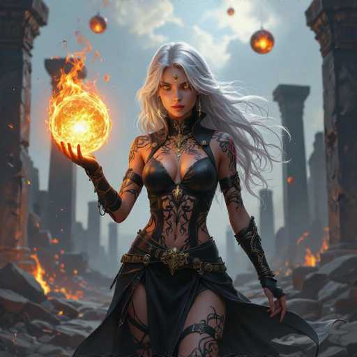 This image depicts a striking, AI-generated fantasy character of a woman with long, flowing white hair. She is adorned in a black leather corset that accentuates her figure, complemented by a flowing black skirt. Intricate black tattoos cover her arms, chest, and legs, adding to her mystical allure. In her right hand, she holds a glowing, fiery orb that radiates an intense orange and yellow light, with flames dramatically rising from it. Her left hand rests on the ground, which is littered with rocks and smoldering flames, enhancing the scene's fiery ambiance. The background features a light blue sky dotted with clouds, and several glowing orbs float in the air, adding to the ethereal atmosphere. Flanking her are tall, ancient-looking columns, suggesting a grand, possibly mythical setting. The overall composition exudes a sense of power and otherworldliness, characteristic of high-quality fantasy artwork.