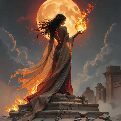The image features a beautiful woman standing on top of some rubble, holding a fire in her hand. She is dressed in an elegant gown and has long hair that flows down to her feet. The setting appears to be a cityscape with buildings scattered around the area where she stands. The fire she holds seems to be burning brightly against the backdrop of the night sky, adding a sense of warmth and intensity to the scene.
