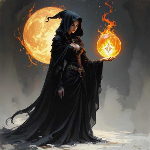The image depicts a striking scene of a witch standing against a dark, mystical backdrop. The witch is adorned in a long, flowing black dress with a hood that drapes over her head, concealing her hair. Her dress features a deep neckline that reveals a hint of cleavage, and a prominent gold belt cinches her waist. The witch's left hand is extended outward, holding a glowing, fiery orb that emits vibrant orange and yellow flames. The orb is intricately detailed with a star-like symbol at its center, adding to its mystical allure. In her right hand, she holds a black ring, possibly a magical artifact. Behind her, a large, luminous moon casts an eerie glow, its surface marked by fiery orange and yellow splashes. The ground beneath her is a stark white, contrasting sharply with the dark, smoky sky that envelops her. The overall atmosphere is one of enchantment and otherworldly power, capturing the essence of witchcraft in a visually captivating manner.