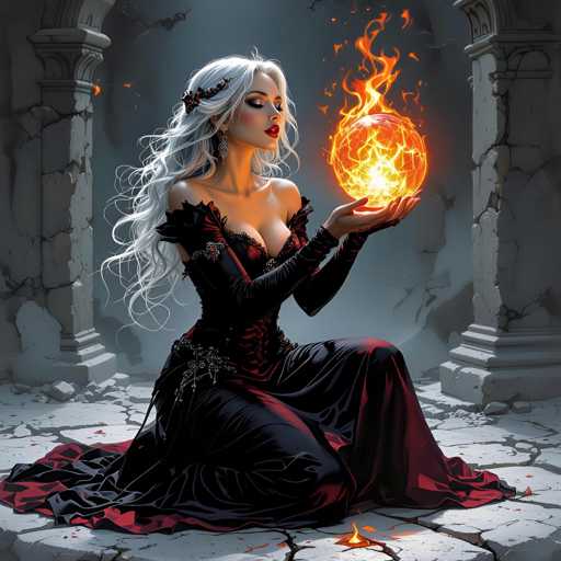 The image features a beautiful woman dressed in an elegant black dress, holding a glowing orb of fire. She is kneeling on the ground and appears to be in a state of awe or reverence as she gazes at the fiery ball. The scene takes place within a stone archway, which adds a sense of mystery and intrigue to the overall composition.