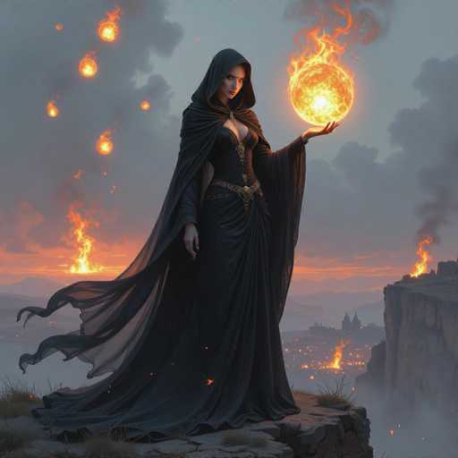 A captivating digital painting of a powerful sorceress standing on a rocky cliff overlooking a fiery landscape. She is clad in a flowing, dark black gown with a deep hood, her long sleeves billowing dramatically. In her outstretched hand, she holds a glowing, fiery orb that seems to be radiating intense heat and light. The background features a dramatic sunset or sunrise with fiery orange and purple hues, casting a warm glow on the scene. The overall atmosphere is one of mystical power and otherworldly magic.