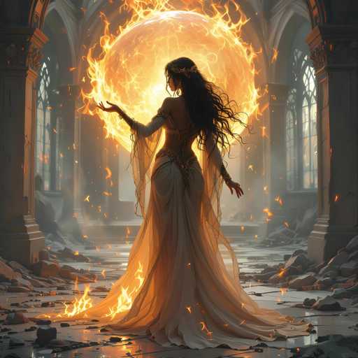 The image features a beautiful woman wearing an elegant white dress, standing in the center of a room with a large fire burning behind her. The fire is casting a warm glow on the scene and creating a dramatic atmosphere. The woman appears to be the main focus of the image, as she holds out her hand towards the flames, possibly trying to interact with them or simply enjoying their warmth.