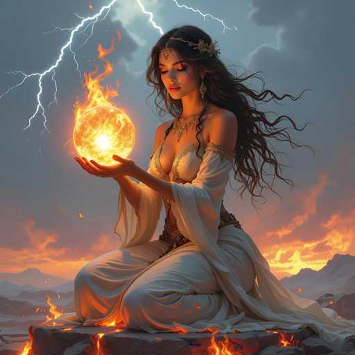 The image features a beautiful young woman with long hair, dressed in an elegant white gown. She is sitting on a rock and holding a glowing orb of fire within her hands. The fiery glow from the orb illuminates the scene, creating a captivating atmosphere. In addition to the woman's attire, she also wears a crown, further enhancing her regal appearance.