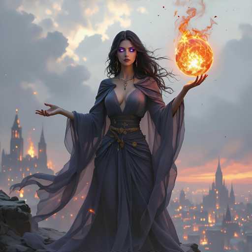 The image features a beautiful young woman dressed in an elegant, long dress with a cape. She is holding a glowing orb that appears to be made of fire or flames. The setting seems to be a cityscape at sunset, with buildings and lights illuminating the scene. This combination of elements creates a captivating and enchanting atmosphere for the viewer.