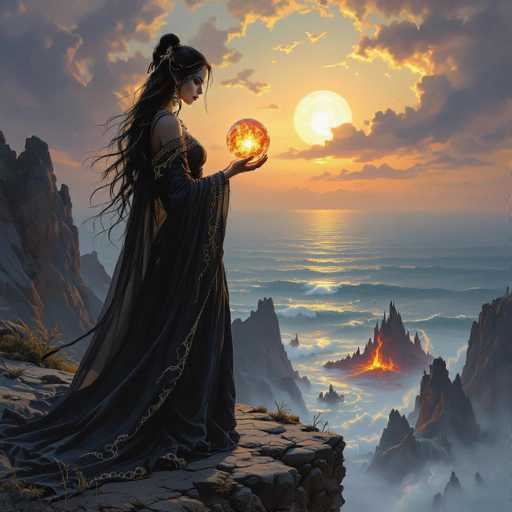In this captivating fantasy illustration, a woman stands poised on a rocky cliff overlooking a vast, mystical ocean. She is adorned in a long, flowing black dress with intricate gold trim, which cascades elegantly to the ground. Her dress features a striking design that leaves her shoulders and arms bare, while the fabric elegantly drapes around her arms and down her back. Her long, dark hair is styled in a half-up, half-down manner, with a delicate barrette accentuating the top. She gazes intently at a glowing crystal ball held in her hands, which emits a radiant orange and yellow light.

The scene is set against a dramatic sky, where the sun is either rising or setting, casting a warm, golden glow across the landscape. The sky is filled with a mix of dark and light clouds, adding to the ethereal atmosphere. Below, the ocean stretches out with waves gently rolling towards the shore. In the distance, a small island is visible, its peak engulfed in fiery lava that cascades down into the sea, creating a mesmerizing display of red and orange flames. The woman's dress billows slightly in the wind, adding a sense of movement and life to the serene yet powerful moment captured in this fantasy artwork.