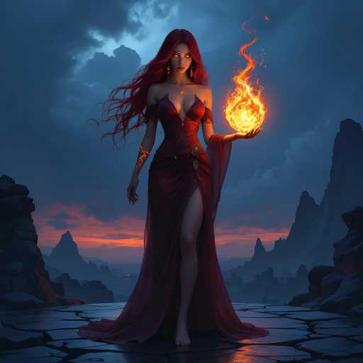 The image features a beautiful woman with red hair, dressed in an elegant red gown and holding a glowing fire ball. She is standing on a rocky surface, which adds to the overall dramatic effect of the scene. The background includes mountains that stretch across the entire landscape, creating a sense of depth and vastness. This combination of elements creates a captivating and visually striking image that showcases the woman's beauty and her connection with nature.