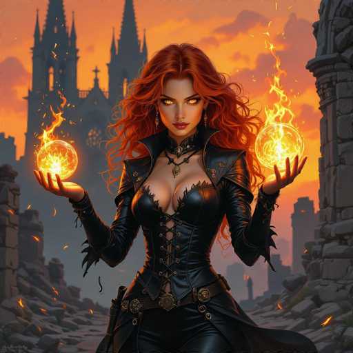 This detailed digital illustration depicts a striking female character with long, flowing red hair and piercing yellow eyes. She is adorned in a form-fitting black leather corset, which accentuates her large bust and extends into a long leather skirt. The corset features intricate lacing up the front, adding to her formidable appearance. She wears a choker-style necklace with a prominent pendant, and additional necklaces dangle from her collarbone. Her ensemble is completed with long sleeves that have spiky details at the cuffs.

In her hands, she holds two glowing orbs that emit fiery energy, with flames dancing around them. The background showcases a dramatic scene with a dark gray castle silhouetted against a fiery orange sky, suggesting a sunset. The castle is surrounded by scattered rocks and debris, adding to the chaotic atmosphere. To the right of the character, a stone column stands amidst the rubble, while another stone structure is visible to the left. The overall composition creates a sense of intense action and mystique, centered around this powerful female figure.