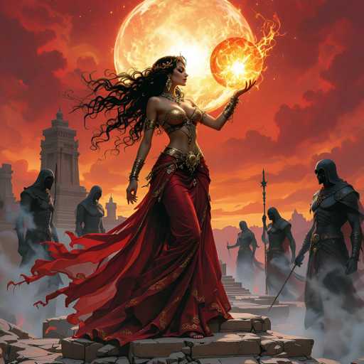 The image depicts a woman dressed in red and gold, standing on a stone platform with her arms raised high. She is holding an orange orb above her head, which appears to be glowing or radiating light. The scene takes place against the backdrop of a castle-like structure, possibly a tower, surrounded by other people who are also present in the image. Some of these individuals can be seen standing on the platform as well, while others appear closer to the foreground. Overall, this illustration conveys a sense of power and majesty, with the woman at the center holding the orb high above her head, drawing attention to herself amidst the other figures.