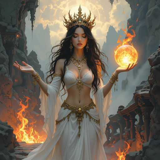 The image features a beautiful woman with long dark hair, wearing an elegant white dress and a gold crown. She is holding a glowing orb in her hands, which appears to be the focal point of the scene. The setting seems to be a cave or a rocky area, adding a sense of mystery and intrigue to the overall atmosphere.
