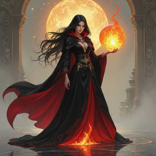 The image depicts a striking, AI-generated fantasy scene featuring a woman with long, flowing black hair. She is adorned in a dramatic black and red dress, with the red lining visible beneath the open front. The dress is complemented by a black cape with a red interior, which is fastened at the front by a golden clasp. The woman's attire is accentuated by a black belt with a gold buckle, and she wears a low-cut top that reveals a hint of cleavage.

In her left hand, she holds a glowing, fiery orb that emits an intense orange and yellow light, with wisps of smoke rising from its top. The orb's fiery glow is mirrored at the bottom of her dress, where flames seem to rise from the hem, casting a warm glow on the reflective, black floor beneath her.

The background features an ornate archway with intricate carvings, through which a large, glowing yellow orb—resembling the sun—illuminates the scene. The woman stands poised in front of this archway, her dress billowing slightly as if caught in a gentle breeze. The overall composition creates a mystical and enchanting atmosphere, blending elements of fantasy and grandeur.