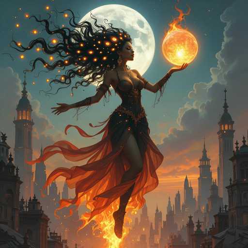 The image features a beautiful woman with long hair, dressed in an orange dress and holding a glowing orb. She is positioned in the center of the scene, surrounded by buildings that appear to be made of flames or fire. The cityscape creates a dramatic backdrop for her, emphasizing the intensity and power of the orb she holds. This artistic representation evokes a sense of wonder and fascination as viewers try to decipher the meaning behind this captivating image.