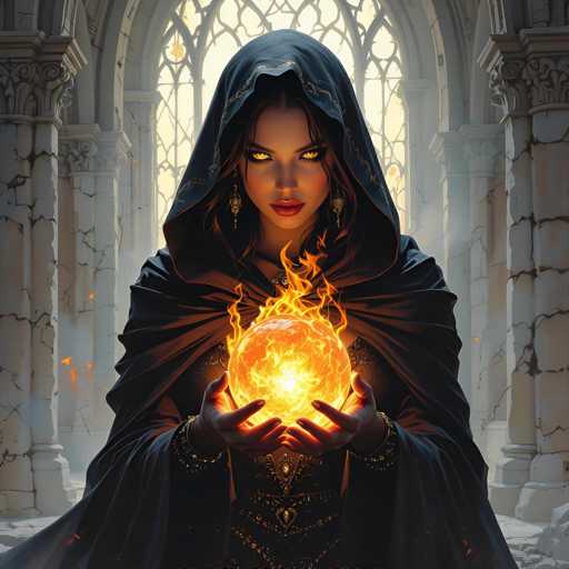 The image features a beautiful young woman dressed in a black robe and hood, holding an orange ball of fire. She is standing in front of a large stone archway or doorway, which adds to the mysterious atmosphere of the scene. The combination of her attire, the fiery ball she holds, and the ancient-looking setting creates a captivating visual that evokes a sense of magic and intrigue.