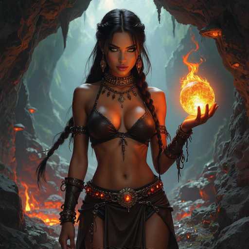 The image depicts a striking, AI-generated fantasy scene featuring a young woman with long, dark hair styled in two braids that cascade over her shoulders. She has a tanned complexion and piercing, yellow eyes that gaze directly at the viewer. Her attire is a dark brown leather bikini top, complemented by a matching leather skirt adorned with a large, ornate belt featuring a prominent red gem at its center. The belt also has chains hanging from it, adding to the intricate design. She wears leather arm cuffs and a choker necklace, both embellished with red gems that enhance her fierce, warrior-like appearance.

In her left hand, she holds a glowing, fiery orb that emits flames, casting an ethereal light on her surroundings. The background reveals a dark, cavernous environment filled with fiery lava and glowing red rocks, creating an intense, otherworldly atmosphere. The overall scene is rich in detail, blending elements of fantasy and medieval aesthetics to create a captivating visual narrative.