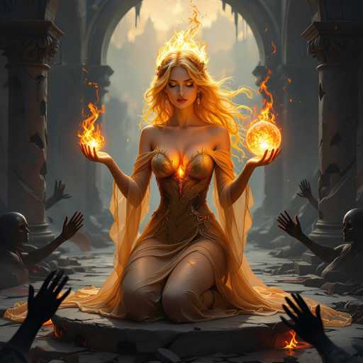 The image depicts a beautiful woman with blonde hair and a golden dress, sitting on the ground in what appears to be a temple or ruins. She is holding two glowing balls of fire in her hands, which seem to be the source of light and energy within the scene. The woman's position and the presence of the flames suggest that she might be a deity or a powerful figure within this ancient setting.