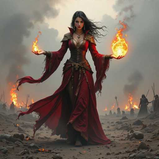 A powerful, ethereal sorceress stands in a desolate, rocky landscape, her long red gown billowing dramatically. She holds two glowing orbs of fire in her outstretched hands, one a vibrant orange and the other a brilliant golden-yellow. The background is filled with shadowy figures of warriors, also engulfed in flames, suggesting a battle or magical conflict. The overall atmosphere is one of intense power and otherworldly magic, with a dramatic, slightly ominous sky adding to the scene.