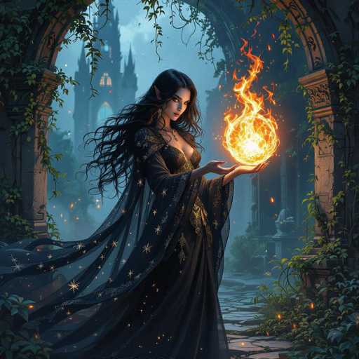 The image depicts a highly detailed, computer-generated scene of a dark-haired woman with pointed ears, resembling an elf or witch, standing in an ancient, overgrown stone archway. She is adorned in a long, flowing black dress with a cape that features intricate gold and silver star patterns. Her dress is low-cut, revealing a significant amount of cleavage. The woman has long, wavy hair cascading down her back and is wearing a necklace. She is holding a glowing, fiery orb in her hands, which appears to be the source of light in the otherwise dim scene. The background reveals a dark, foggy, and cloudy atmosphere, with a distant, shadowy castle or church-like structure. The archway she stands in is constructed of brown stone and is partially covered with green vines and leaves, adding to the ancient and mystical ambiance of the setting.