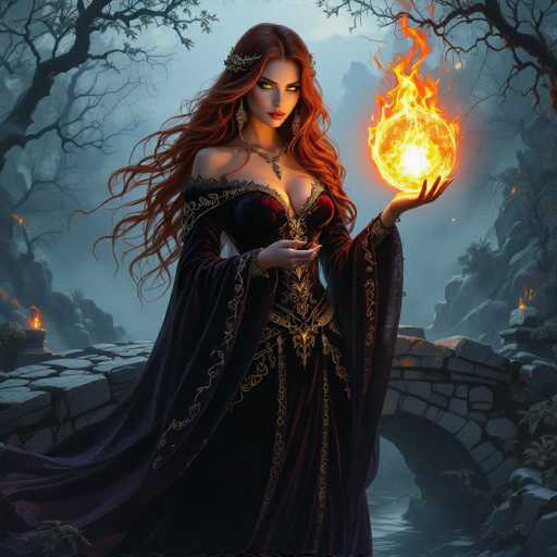 The image depicts a striking fantasy scene featuring a woman with long, flowing red hair adorned with a golden headband. She is dressed in an elaborate, low-cut black velvet gown with intricate gold trim and a flowing cape. Her eyes are a mesmerizing green, and she wears a golden necklace with a pendant. The woman is holding a glowing, fiery orb in her left hand, which radiates with vibrant hues of yellow, orange, and red. Her right hand is positioned in front of her, palm up, as if channeling the fire. The background is a dark, misty forest with barren trees and rocky terrain, shrouded in fog. A stone bridge spans a river beneath her, adding to the mystical atmosphere of the scene. The overall composition exudes a sense of dark, enchanting magic.