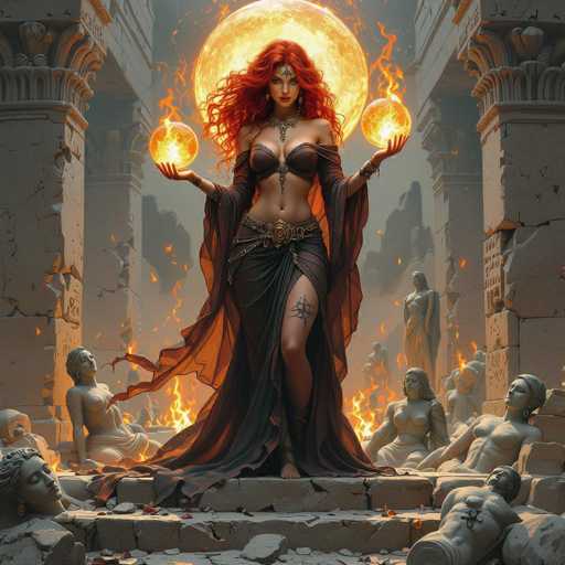 In this captivating fantasy illustration, a striking woman with flowing red hair stands at the center of a grand, ancient ruin. She is adorned in a dark brown bra and a flowing skirt that cascades down to her feet, complemented by a sheer, dark brown cape that adds an air of mystique. Her bare legs are visible, adorned with intricate tattoos, and her midriff is exposed, showcasing her toned physique. She wears a large, ornate belt around her waist, adding to her regal appearance.

The woman's pose is powerful and commanding; she holds two glowing orbs in her hands, each emitting a fiery light that illuminates the scene. Behind her, a massive, fiery orb dominates the sky, casting an ethereal glow over the entire landscape. The ancient ruins around her are in a state of disrepair, with crumbling stone statues scattered about, hinting at a long-forgotten civilization.

Flames dance around her feet, further enhancing the dramatic and otherworldly atmosphere. The entire scene is bathed in a warm, orange light, creating a sense of heat and intensity. The intricate details of the illustration, from the texture of her hair to the intricate designs on her tattoos, bring this fantastical world to life, making the viewer feel as though they have stumbled upon a hidden realm straight out of a vivid dream.