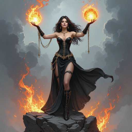 A captivating digital painting of a powerful sorceress, radiating an aura of mystical energy. She stands atop a jagged rock formation engulfed in vibrant flames, her long black hair flowing dramatically around her. Her attire is a dark, ornate gown with intricate gold detailing and a daring high slit, adorned with delicate chains that seem to intertwine with the flames. 

She holds two glowing orbs of fiery energy in her outstretched hands, their golden light casting a warm glow on her face and the surrounding smoke. Her expression is one of intense focus, eyes gazing intently into the distance. The background features a dramatic, stormy sky with swirling clouds and hints of dark energy, enhancing the overall mystical atmosphere. The lighting is dramatic, highlighting her figure and the flames while leaving parts of the background shrouded in shadow. The overall style is fantasy-inspired, with a focus on dynamic composition and evocative color palettes.