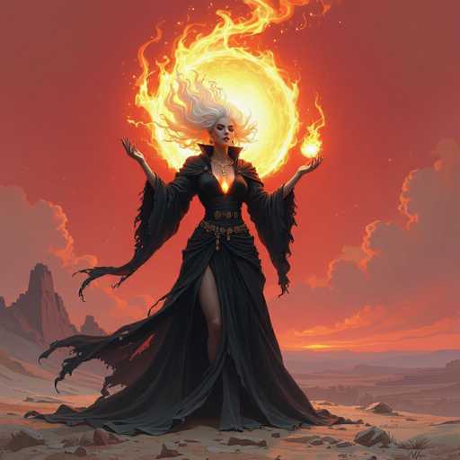 A powerful, ethereal sorceress stands in a desolate desert landscape bathed in the warm glow of a fiery sun. She is clad in a long, flowing black gown with dramatic, wide sleeves and a high, ornate collar. Her long, white hair is wild and windswept, seemingly dancing around her as she holds a glowing orb of fire in one hand and another fiery sun-like entity aloft with the other. The background features a vast, barren desert under a vibrant orange and red sky with dramatic cloud formations. Her expression is one of serene power, radiating an otherworldly aura. The overall style is a blend of fantasy and digital art, with a focus on dramatic lighting and a sense of epic scale.