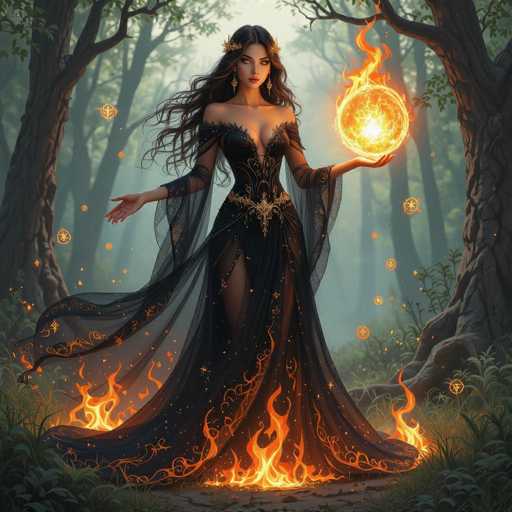 The image depicts a striking, computer-generated scene of a woman with long, dark hair adorned with gold leaves and flowers. She stands in a dense forest, surrounded by tall trees with brown trunks and green leaves. The woman is wearing an elaborate, low-cut black dress with sheer sleeves and a flowing sheer skirt, which is decorated with intricate gold designs and swirls. Her dress features a high slit on the left side, revealing her leg. She holds a glowing, fiery orb in her left hand, which emits flames and casts an orange light. Additional flames are visible at the bottom of her dress, and she appears to be surrounded by floating stars and magical symbols. The overall atmosphere is mystical and enchanting, with the woman exuding an aura of power and magic.