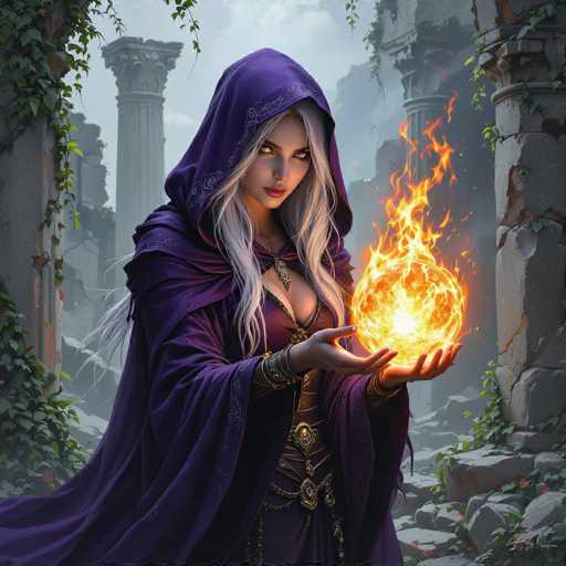 A captivating fantasy illustration depicts a striking woman with long, flowing white hair, adorned in a regal purple cloak and dress. Her intense gaze is fixed on a mesmerizing fireball she holds aloft in her hands. The fireball, glowing with vibrant hues of yellow, orange, and red, appears to defy gravity as it hovers above her palms. The woman's dress is intricately detailed with gold accents, including a prominent gold clasp at the front and a necklace featuring a gold pendant. Her sleeves are embellished with gold bracelets, adding to her majestic appearance. The backdrop reveals a grand, ancient structure with towering stone columns and steps, partially shrouded in mist, enhancing the mystical atmosphere of the scene.