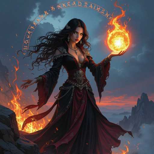 This AI-generated image depicts a striking woman with long, flowing black hair, adorned with a silver barrette on the left side. Her hair cascades down her back, complementing her pale complexion. She is dressed in a gothic-style gown that features a deep neckline, revealing a generous amount of cleavage. The dress is a rich burgundy color, embellished with intricate gold and silver detailing around the waist and chest. The sleeves of her gown are long and flowing, adding to the dramatic effect.

In her left hand, she holds a glowing fireball, which radiates intense heat, causing the air around it to shimmer. Her right hand is extended outward, palm facing down, as if she is channeling or controlling the fire. The background is a dark, cloudy sky, with hints of orange and red hues near the horizon, suggesting a fiery sunset or sunrise. Below her, the rocky terrain is visible, with flames emerging from the ground, enhancing the mystical and powerful atmosphere of the scene.