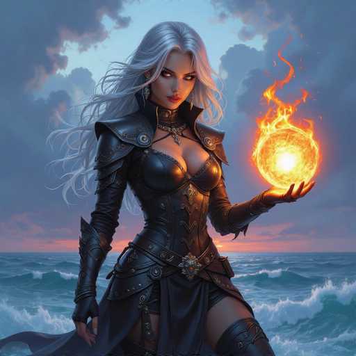 In this captivating image, a striking female character stands poised against a dramatic backdrop. She has long, flowing white hair that cascades down her back, framing her face with a delicate yet powerful presence. Her eyes are accentuated with bold black eyeliner, and her lips are painted a vivid red, adding to her fierce allure. She is dressed in an intricate black leather outfit that features a corset-like top, complemented by long sleeves and a flowing cape. The ensemble is adorned with various buckles and straps, enhancing its complexity and adding to her formidable appearance.

In her left hand, she holds a glowing orb of fire, its flames dancing and casting an ethereal light around her. The background reveals a tumultuous ocean with waves crashing against the shore, their white crests contrasting sharply with the deep blue water. Above, the sky is filled with dark, brooding clouds, suggesting an impending storm. However, a break in the clouds allows a sliver of light to shine through, illuminating the character's face and adding a dramatic flair to the scene. The overall composition exudes a sense of otherworldly power and mystery, drawing the viewer into the character's world.