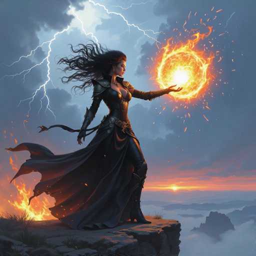 In this captivating fantasy illustration, a powerful female sorceress stands poised on the edge of a cliff, her long, flowing black hair billowing in the wind. She is adorned in a striking black leather dress that accentuates her curves, complemented by a flowing cape and matching black leather boots. Her right hand is outstretched, conjuring a mesmerizing fireball that hovers just above her palm, crackling with vibrant orange and yellow flames. The scene is set against a dramatic backdrop of a dark, stormy sky, illuminated by streaks of lightning and the warm hues of a setting sun. Below her, the landscape is shrouded in mist, with distant mountains and rocks barely visible through the fog. The sorceress's intense gaze is fixed on the fireball, exuding a sense of control and mystique as she stands amidst the swirling elements of nature.