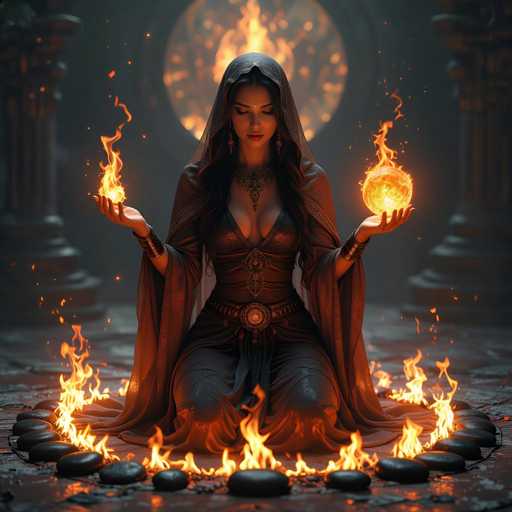 The image features a beautiful woman dressed in traditional robes and head coverings, sitting on the ground surrounded by fire. She is holding an orb or ball of light above her head, which appears to be glowing with an ethereal aura. The scene takes place within a temple-like setting, further emphasizing the mystical atmosphere. The combination of the woman's attire, the fire, and the glowing orb creates a captivating visual experience that evokes a sense of wonder and spiritual connection.