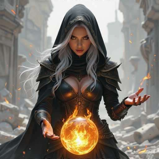 A powerful, ethereal sorceress stands amidst the ruins of a fallen city. She is clad in dark, ornate armor with glowing silver accents and a flowing black cloak that billows around her. Her long, white hair cascades down her shoulders, and her piercing eyes gaze intently at the viewer. In her hands, she holds a glowing orb of fiery energy, its flames dancing with an otherworldly light. The background is filled with crumbling stone structures and swirling embers, suggesting a scene of destruction and magical power. The overall atmosphere is one of intense magic and formidable strength, with the sorceress as a central figure in this dramatic scene.