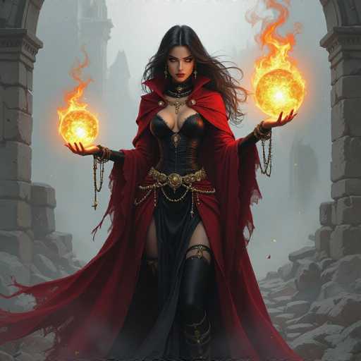 This image depicts a striking female character, possibly from a video game or a fantasy setting. She stands confidently in the center of a stone archway, with her long, flowing black hair cascading down to her chest. Her eyes are a mesmerizing yellow, and she wears bold red lipstick that accentuates her fierce expression. She is adorned in a black leather corset that highlights her figure, paired with a flowing red cape that adds to her imposing presence. 

Her attire is completed with thigh-high black boots, intricately laced up the front, and a black choker around her neck. In each hand, she holds a glowing yellow orb that emits fiery flames, adding an element of mysticism and power to her demeanor. The background is shrouded in a misty fog, with the silhouettes of distant buildings barely visible, enhancing the enigmatic atmosphere of the scene.