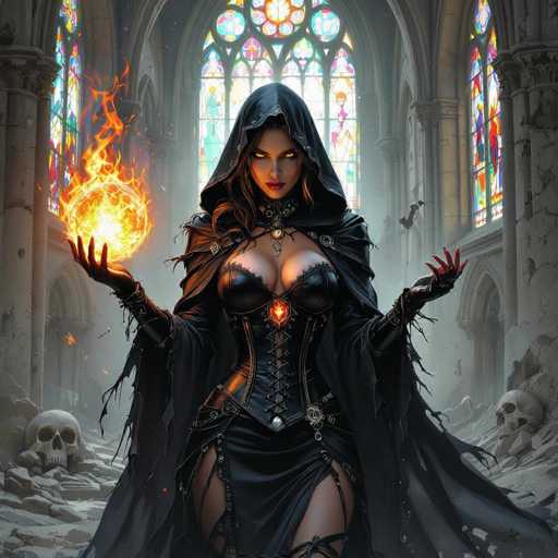 In this captivating image, a striking woman stands at the center of a grand, ancient cathedral. She is adorned in a black leather corset that accentuates her figure, paired with a matching black leather skirt. Her attire is complemented by a long, tattered black cloak that adds an air of mystery and power. The woman's eyes are a mesmerizing yellow, and her lips are painted a deep red, enhancing her enigmatic presence. Her long brown hair cascades down her back, adding to her allure.

In her right hand, she holds a glowing ball of fire, while her left hand is raised, showcasing her long, red fingernails. The cathedral around her is in a state of disrepair, with debris scattered on the floor and several skulls lying ominously. The stained glass windows, though still vibrant with their reds, yellows, and greens, are partially damaged, allowing streams of light to filter through the broken panes. The overall scene is one of ancient grandeur tinged with decay and dark magic, creating a hauntingly beautiful tableau.